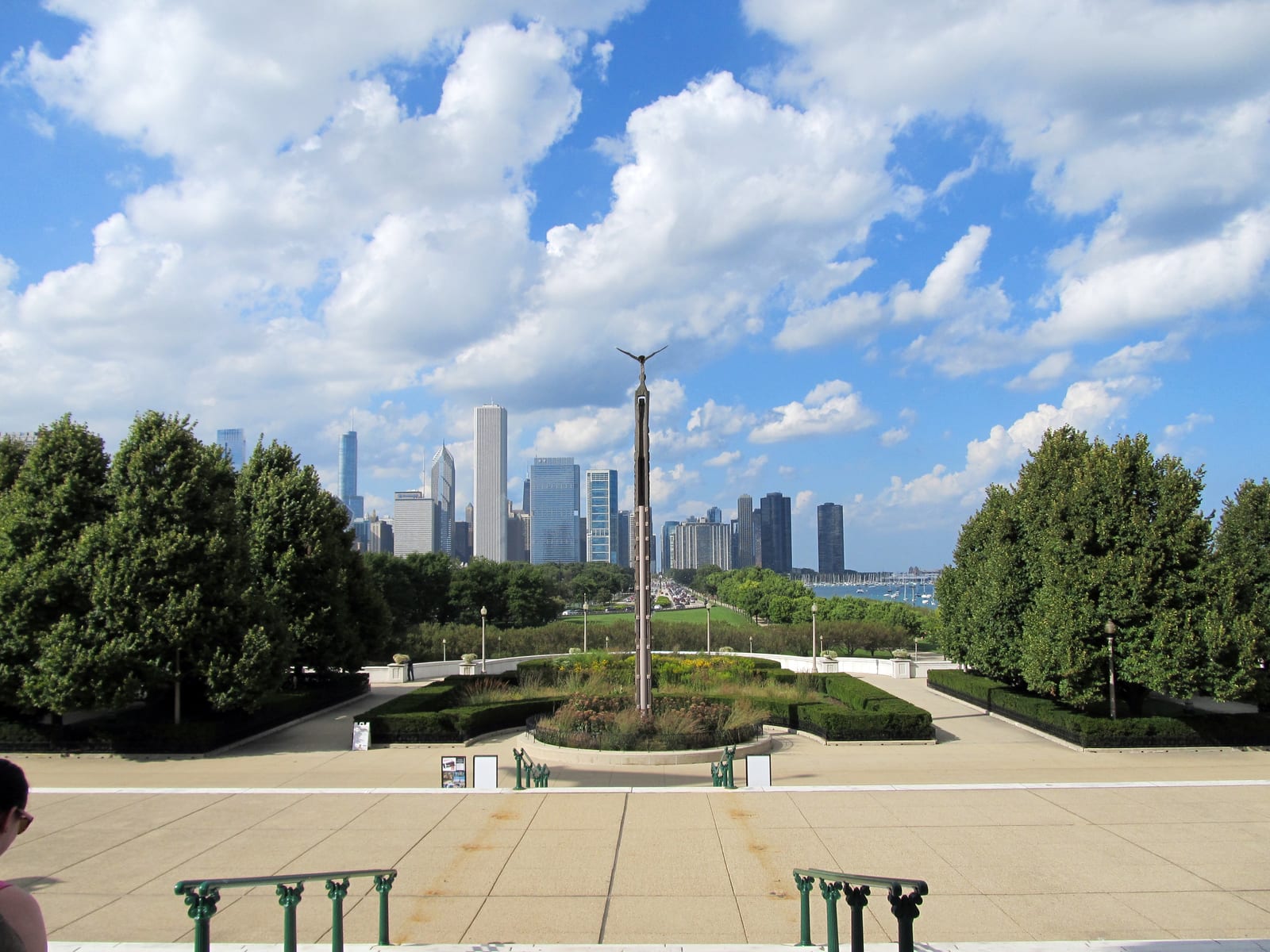The downtown Chicago skyline seen across Grant Park from the steps of the Field Museum